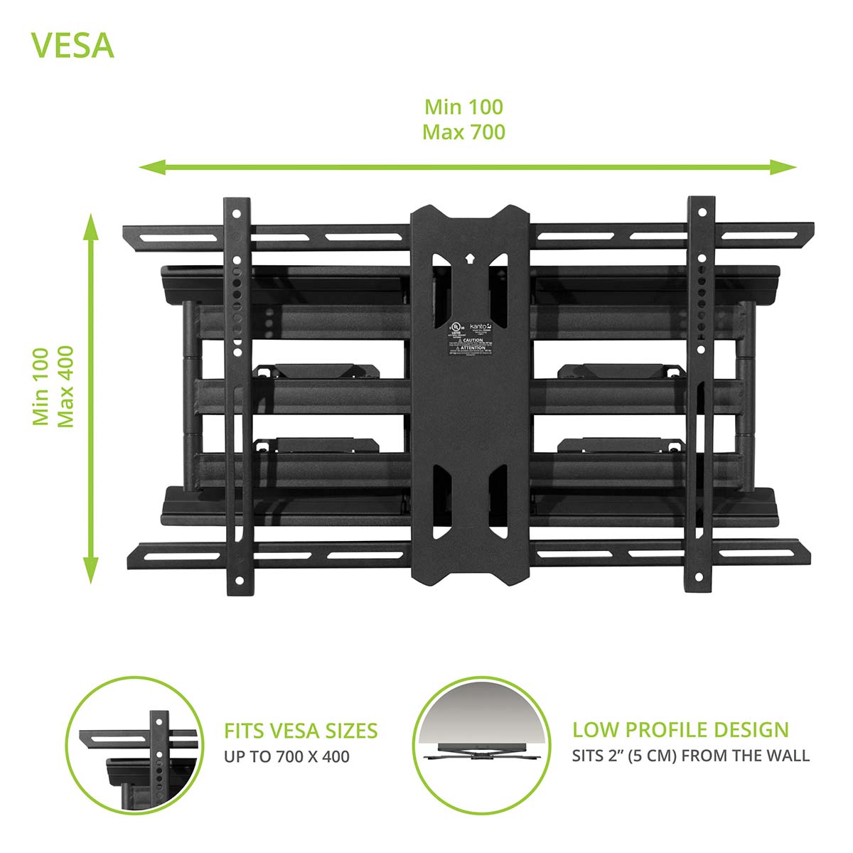 Kanto PDX680 Full Motion TV Wall Mount for 39" - 80" TVs Front view Vesa measurements