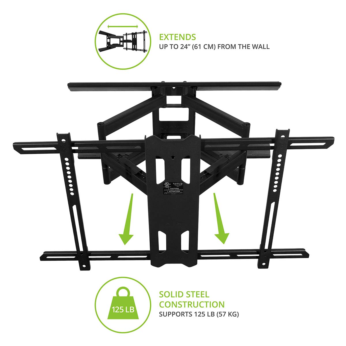 Kanto PDX680 Full Motion TV Wall Mount for 39" - 80" TVs Front top view extension measurements