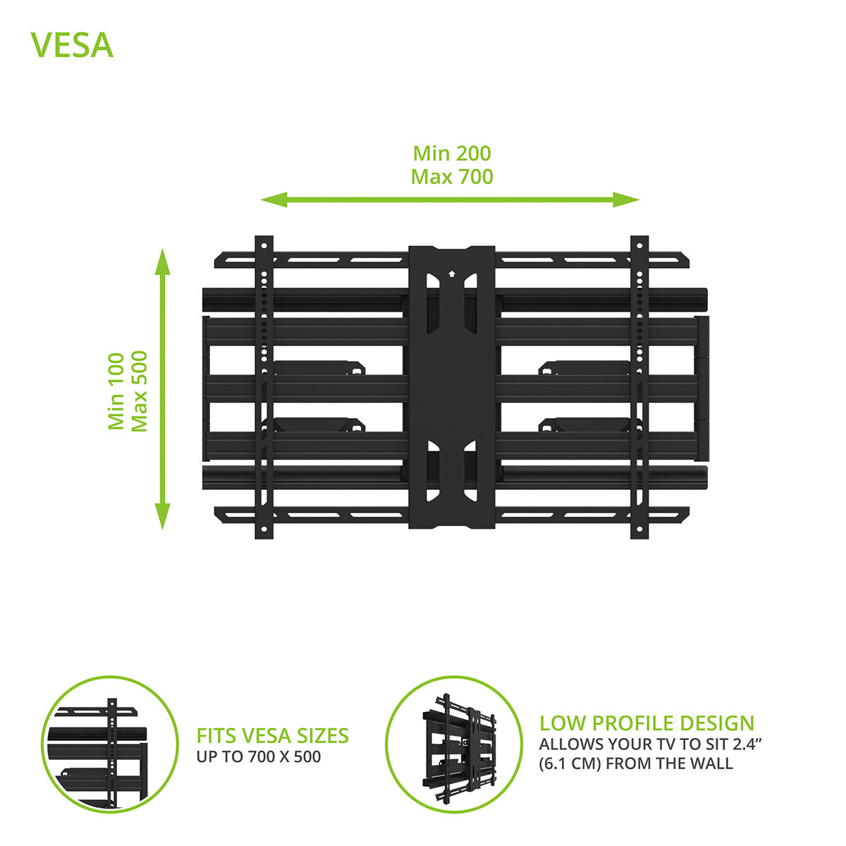 Kanto PDX700 Long Extension Full Motion TV Wall Mount for 42" - 100" TVs Front view Vesa measurements