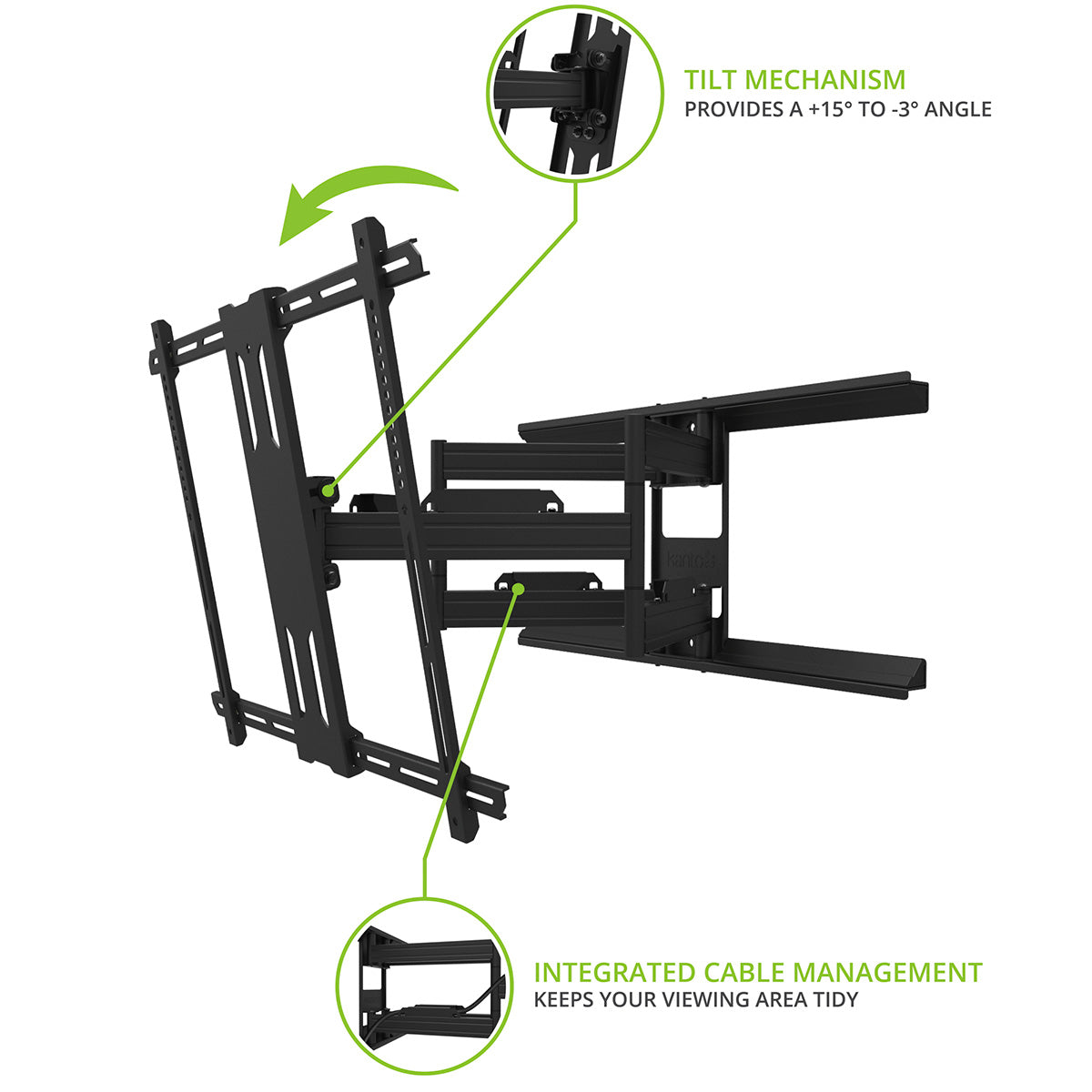 Kanto PDX700 Long Extension Full Motion TV Wall Mount for 42" - 100" TVs Front quarter view Tilt measurements