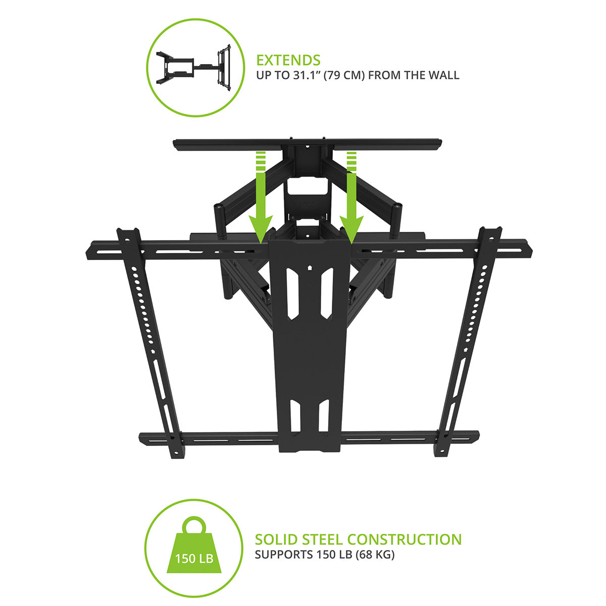 Kanto PDX700 Long Extension Full Motion TV Wall Mount for 42" - 100" TVs Front top view Extension measurements