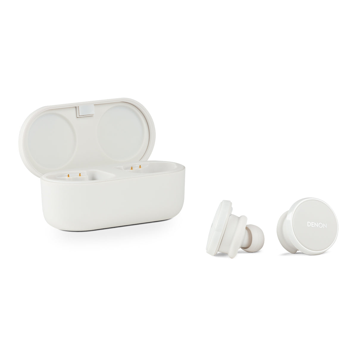 Denon PerL Pro Premium True Wireless Earbuds - white - open case with earbuds aside with side and face views