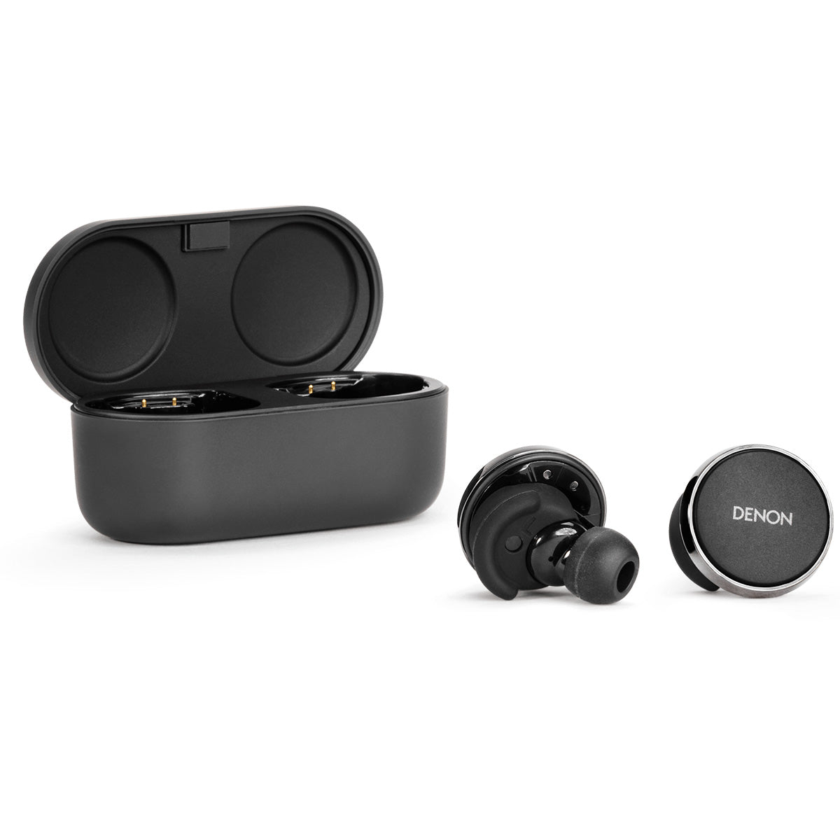 Denon PerL Pro Premium True Wireless Earbuds - black - open case with earbuds aside with rear and face views