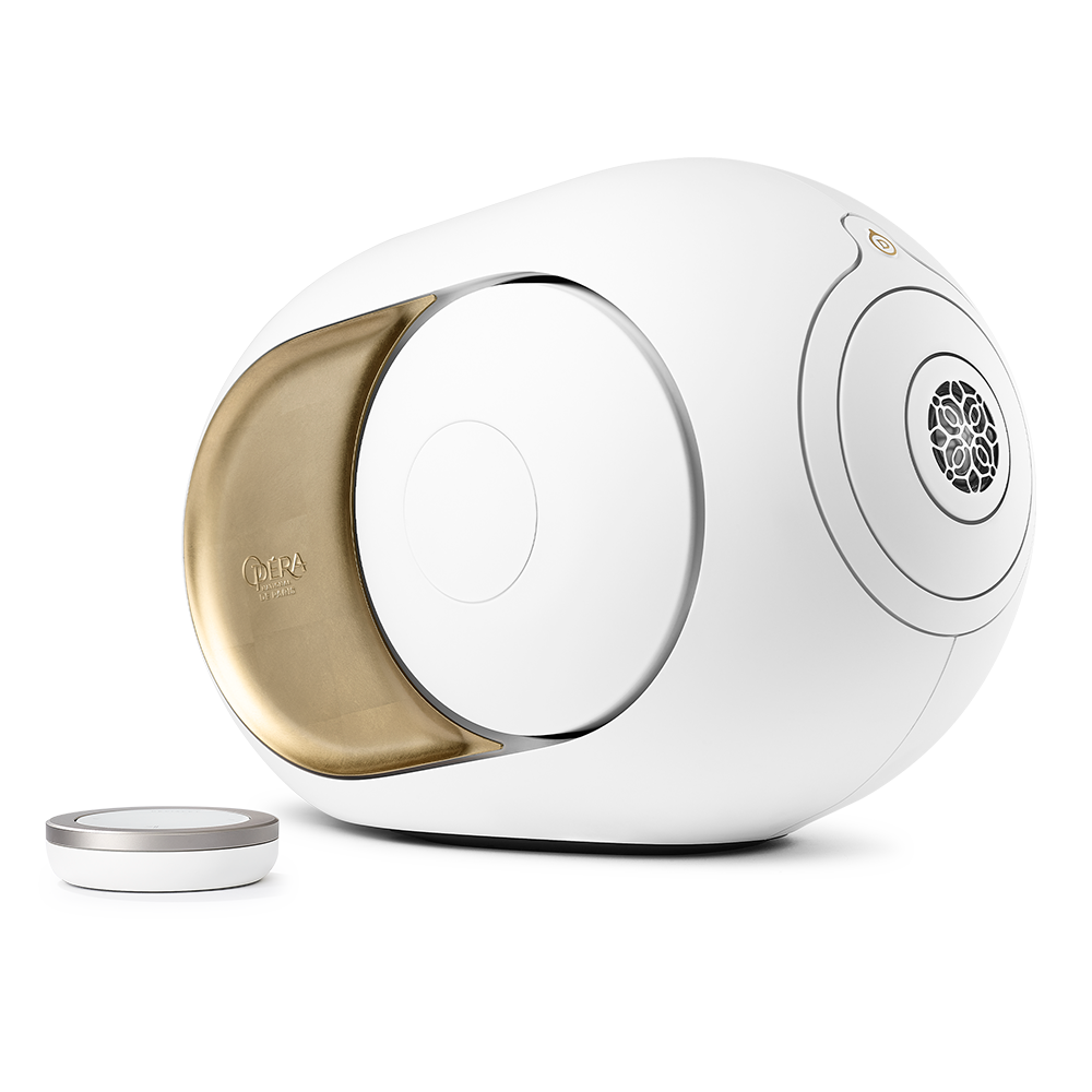 Devialet Phantom I 108dB Opéra de Paris Wireless Speaker, Gold Leaf, front angle with remote