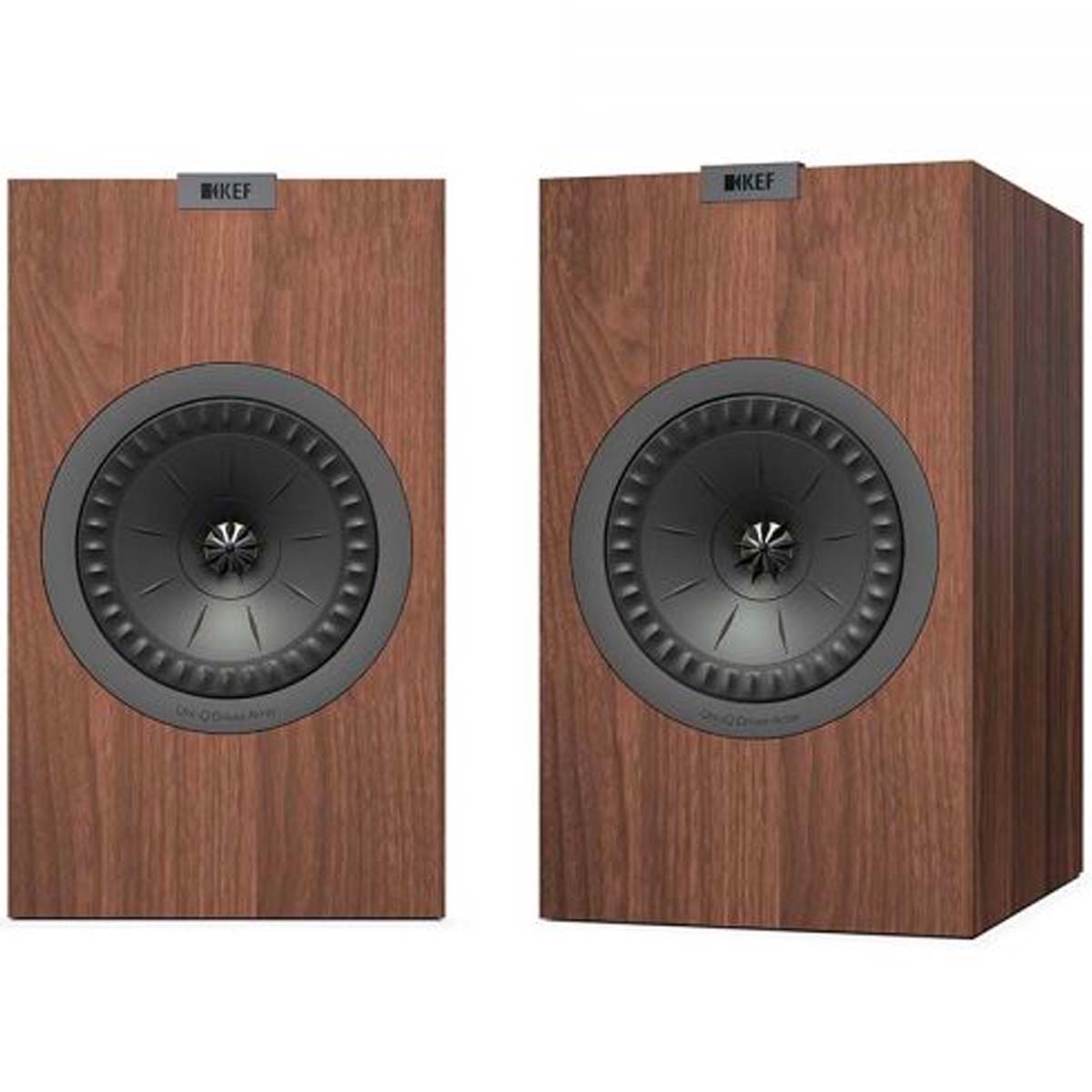 KEF Q150 Bookshelf Speakers - Walnut - Pair - front view of pair without grilles