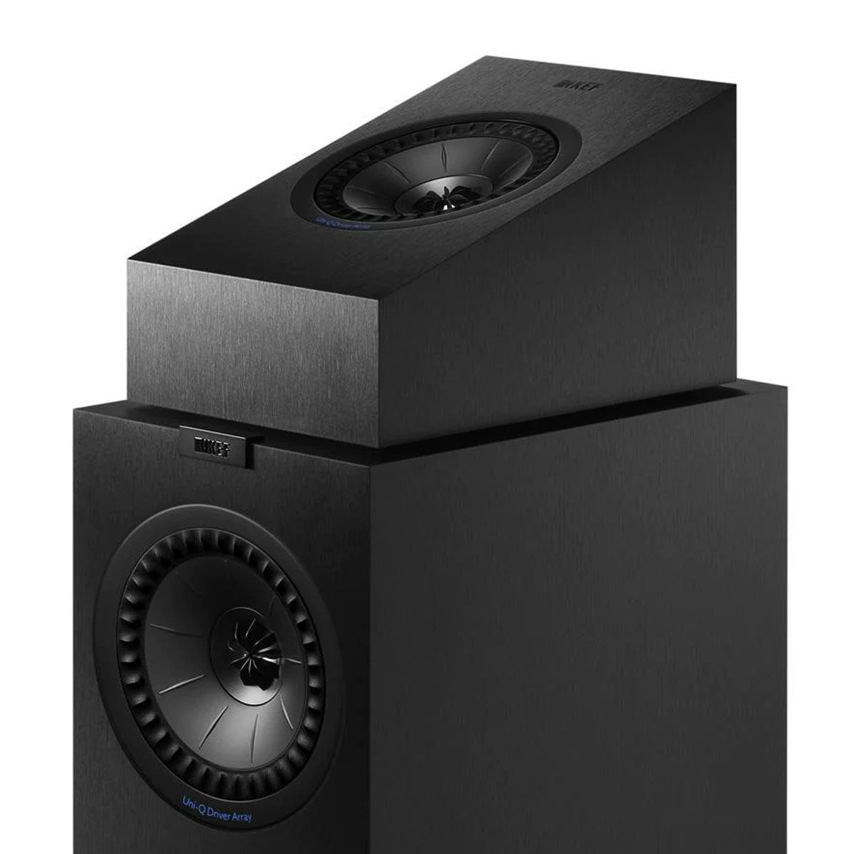 KEF Q50a Dolby Atmos-Enabled Surround Speaker - Pair close-up on top of tower speaker without grille