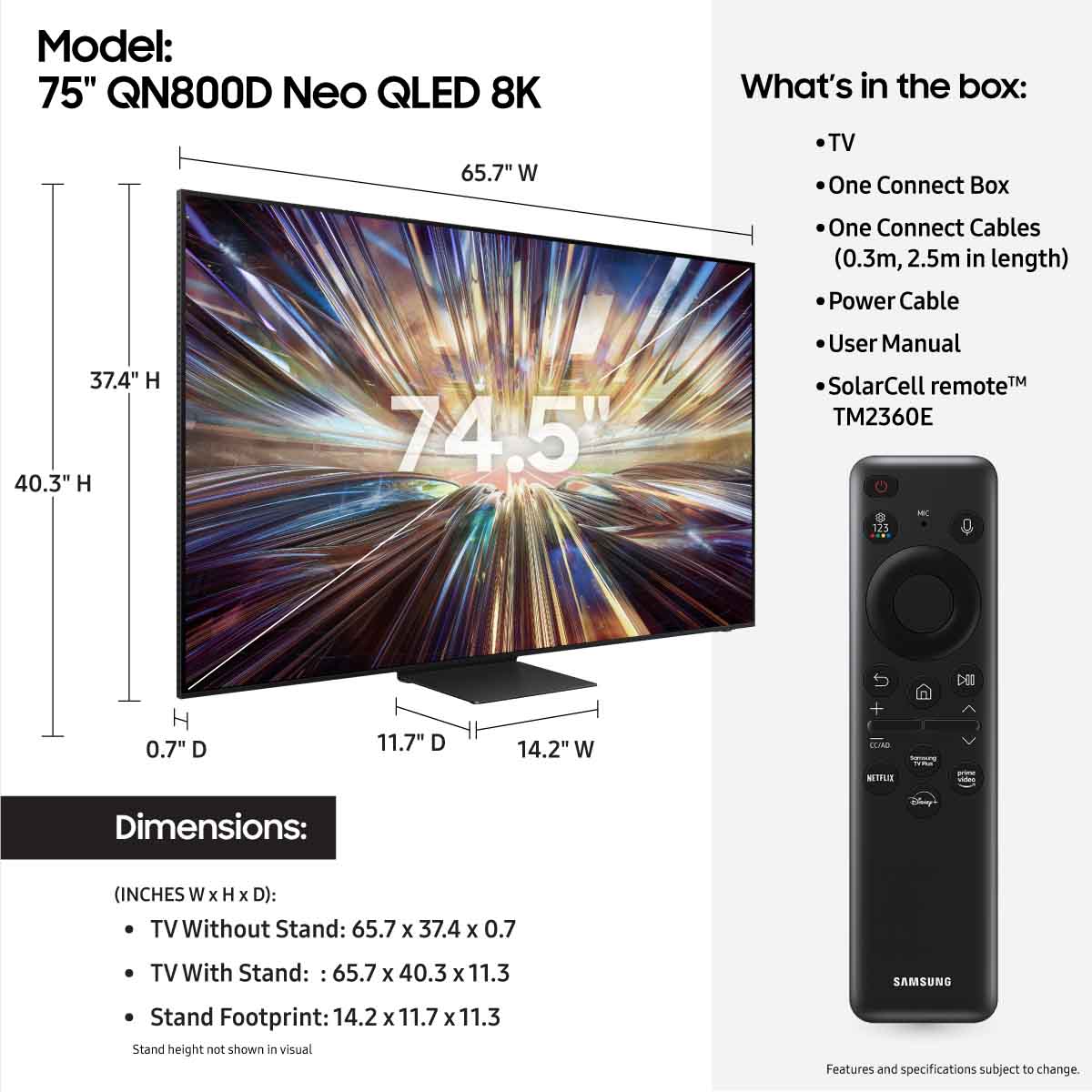 Samsung QN800D Neo QLED 8K Smart TV - 75" - dimensions and what's in the box