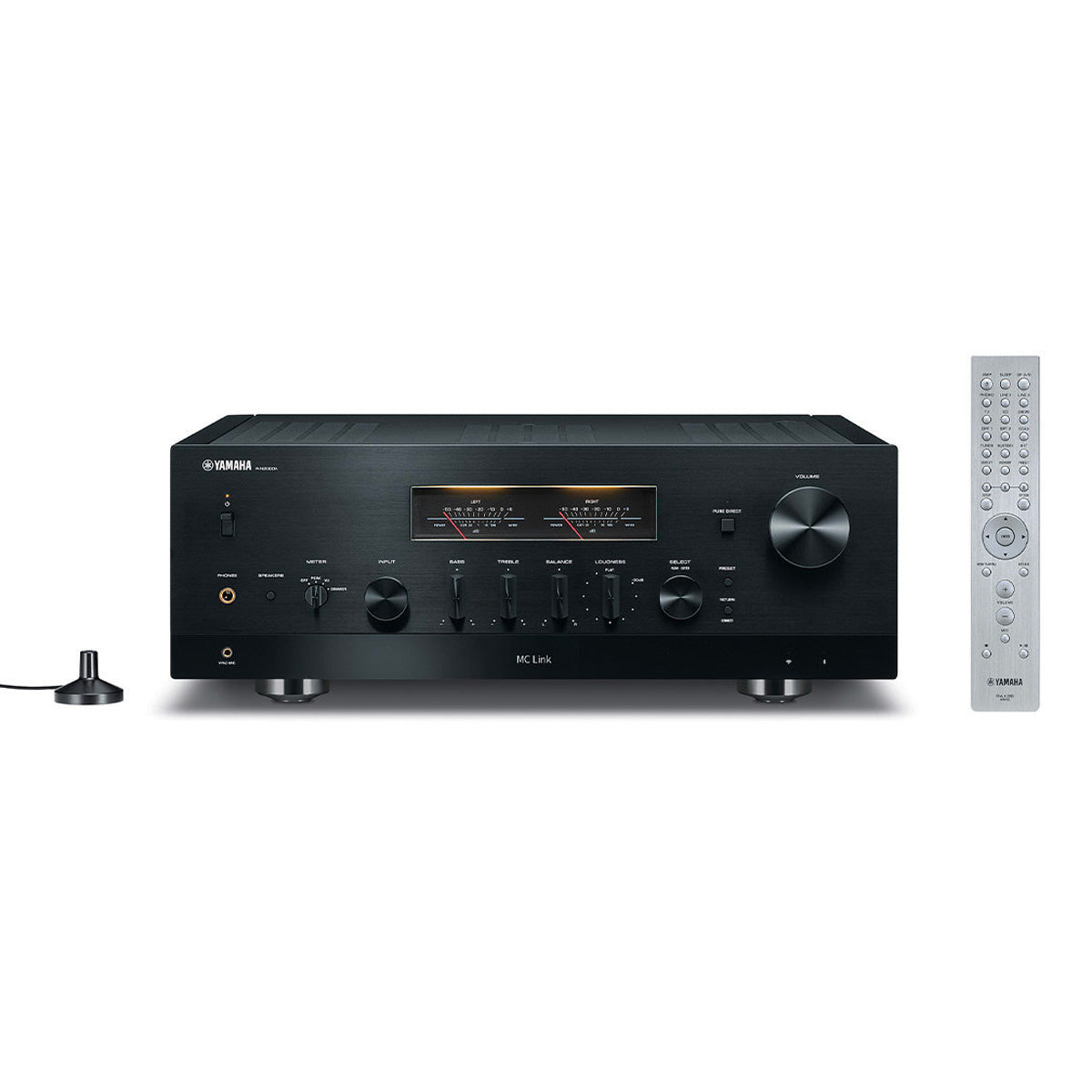 Yamaha R-N2000A Hi-Fi Network Receiver black front view with remote and calibration mic