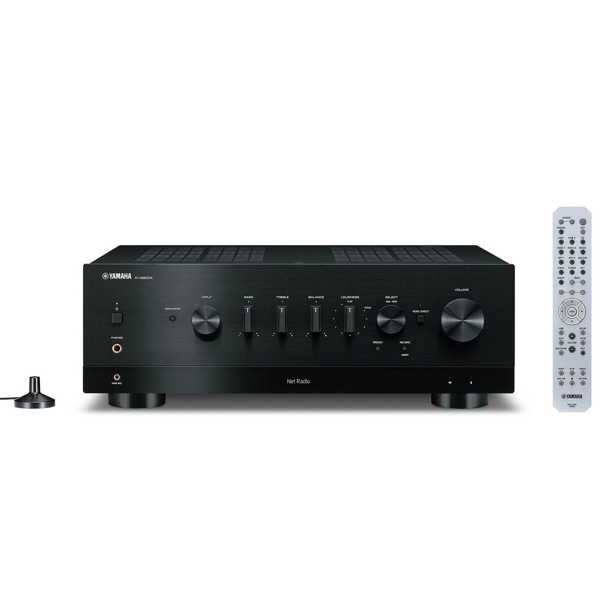 Yamaha R-N800A Network Stereo Receiver front view with remote and calibration mic