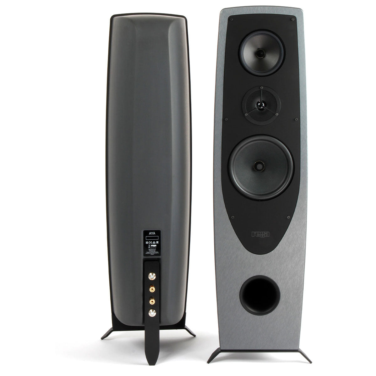 Rega AYA Floorstanding Loudspeakers - Steel and Dark Grey - Pair front and rear view of pair