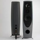 Rega AYA Floorstanding Loudspeakers - Steel and Dark Grey - Pair front and rear view of pair on grey background