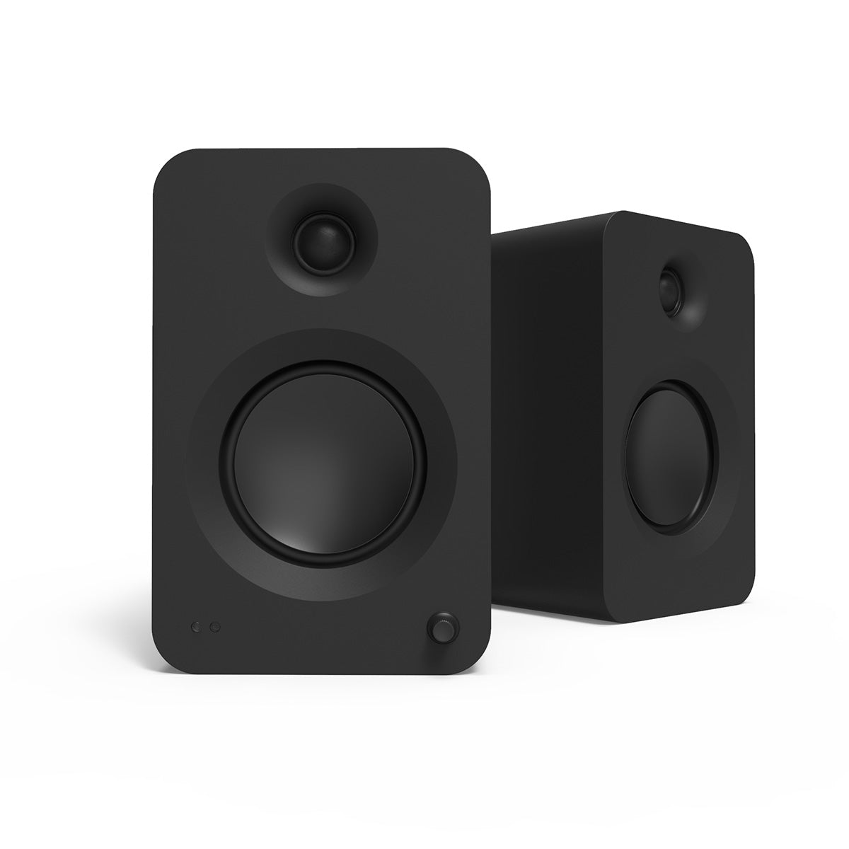 Kanto REN 200W Powered Bookshelf Speakers - matte black pair - angled front view