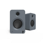 Kanto REN 200W Powered Bookshelf Speakers - matte gray pair - angled front view