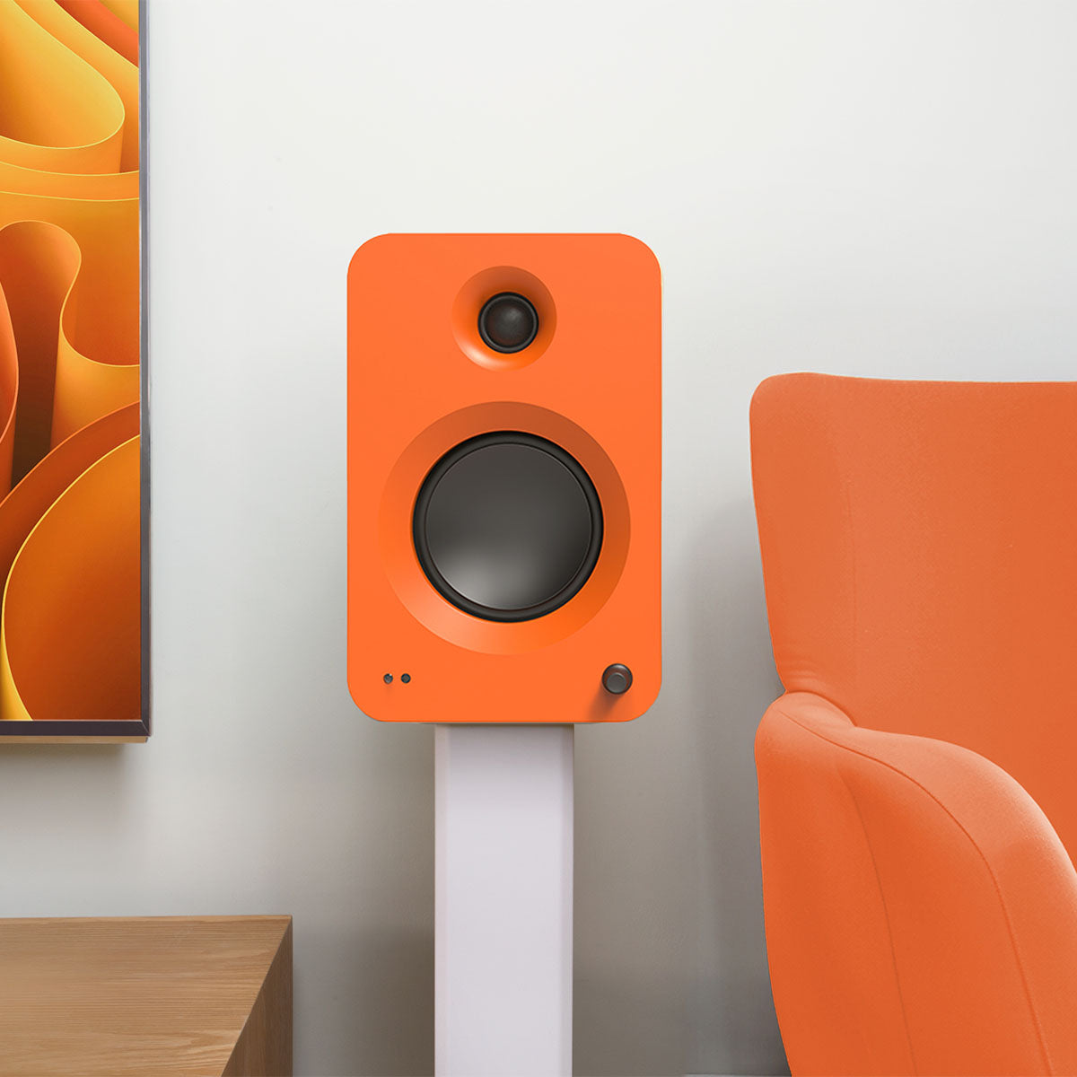 Kanto REN 200W Powered Bookshelf Speakers - matte orange single - lifestyle image