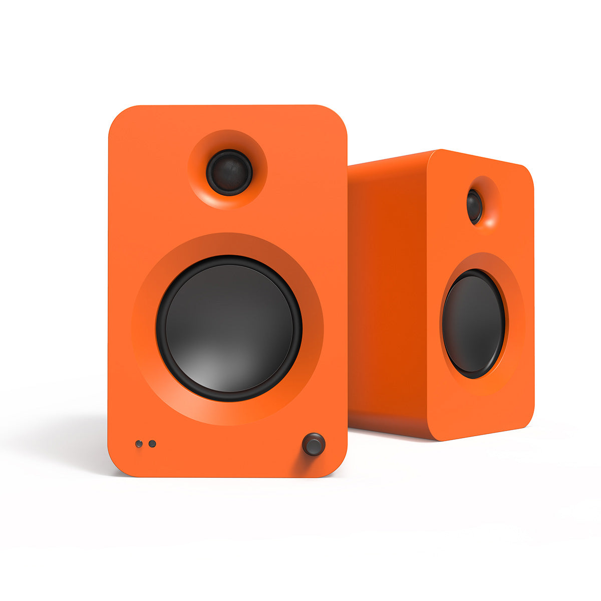 Kanto REN 200W Powered Bookshelf Speakers - matte orange pair - angled front view