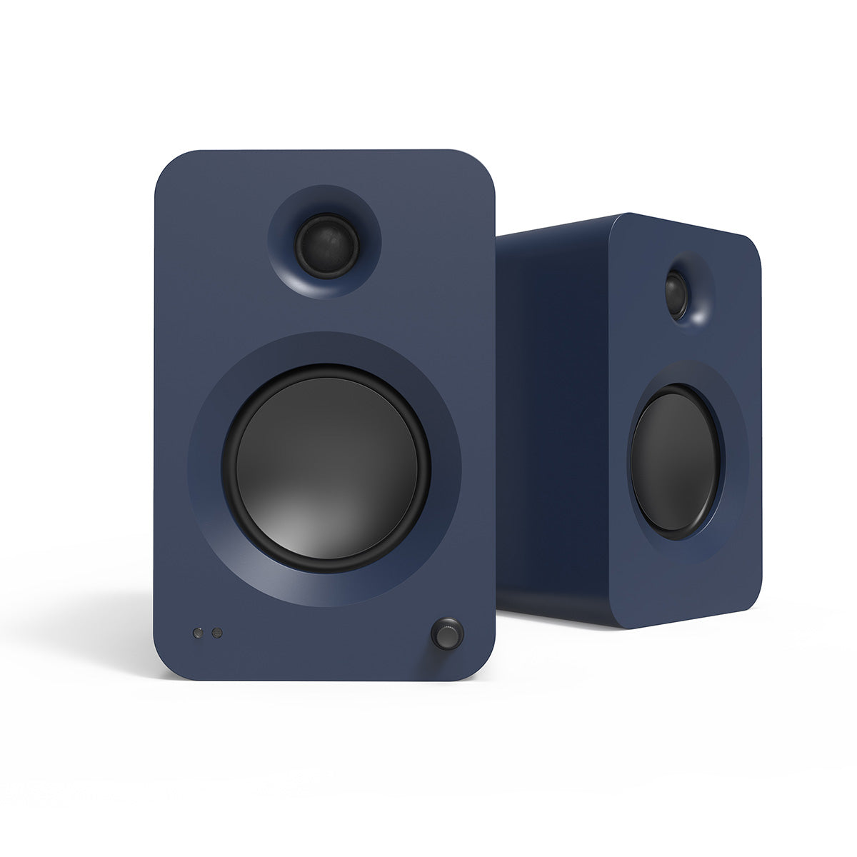 Kanto REN 200W Powered Bookshelf Speakers - matte blue pair - angled front view