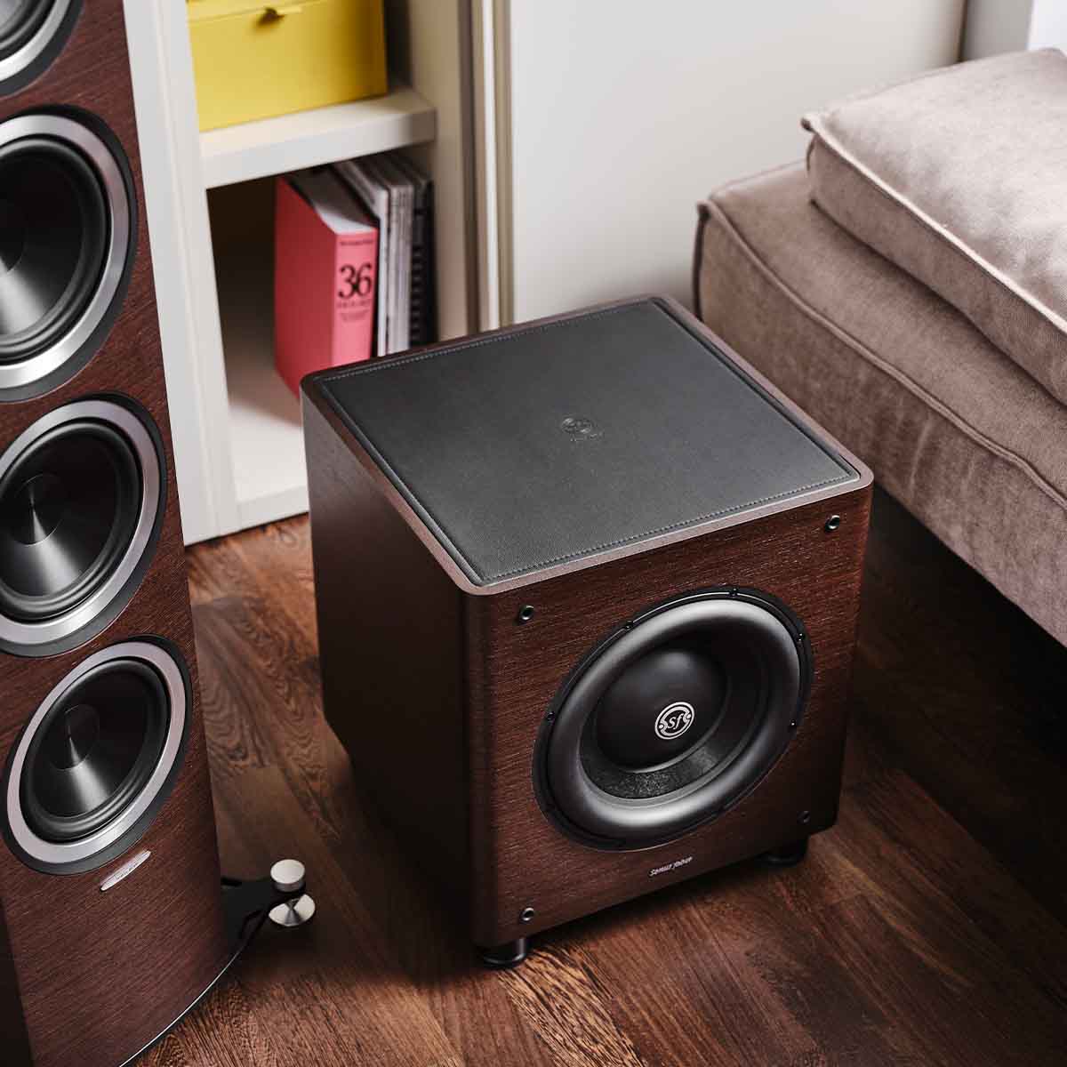 Sonus Faber Gravis II 10" Powered Subwoofer in room with tower speaker