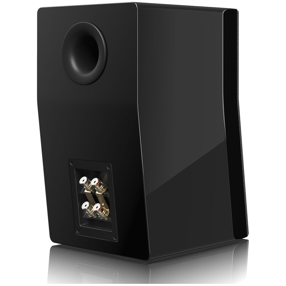 SVS Ultra Evolution Bookshelf Speaker - single piano black with grille - angled rear view with components