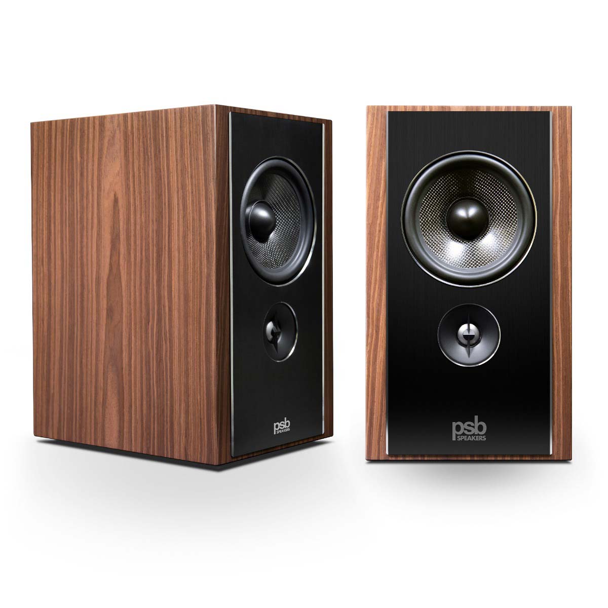 PSB Synchrony B600 Premium Bookshelf Speaker - satin walnut pair - angled and straight front views