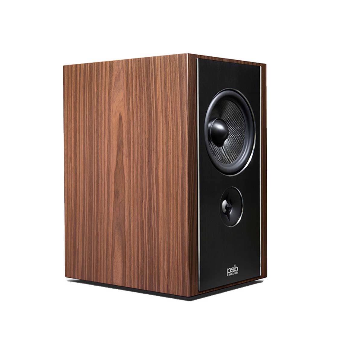 PSB Synchrony B600 Premium Bookshelf Speaker - single satin walnut - angled front view