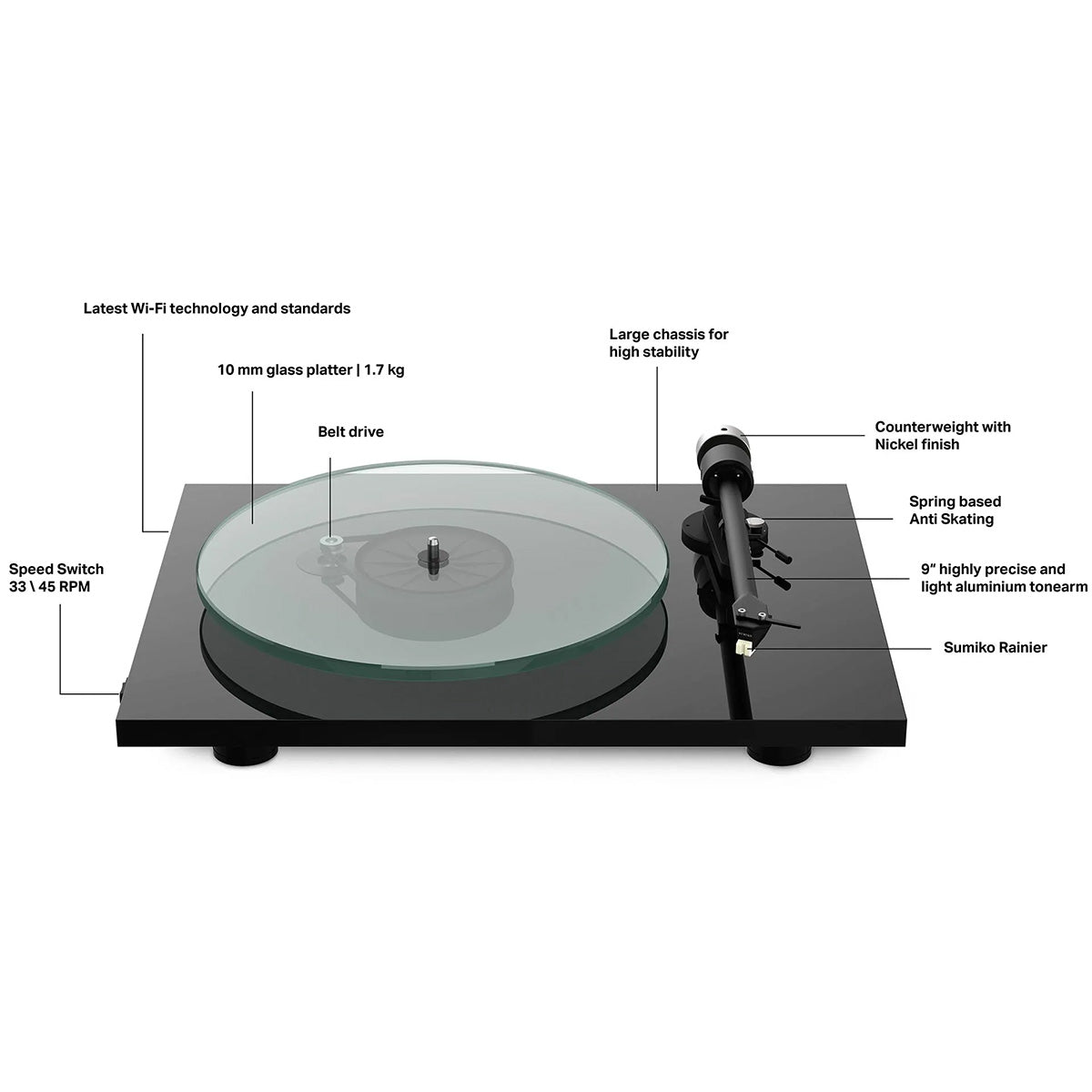 Pro-Ject T2 W Wi-Fi Streaming Hi-Fi Turntable - piano black - front view with components lables