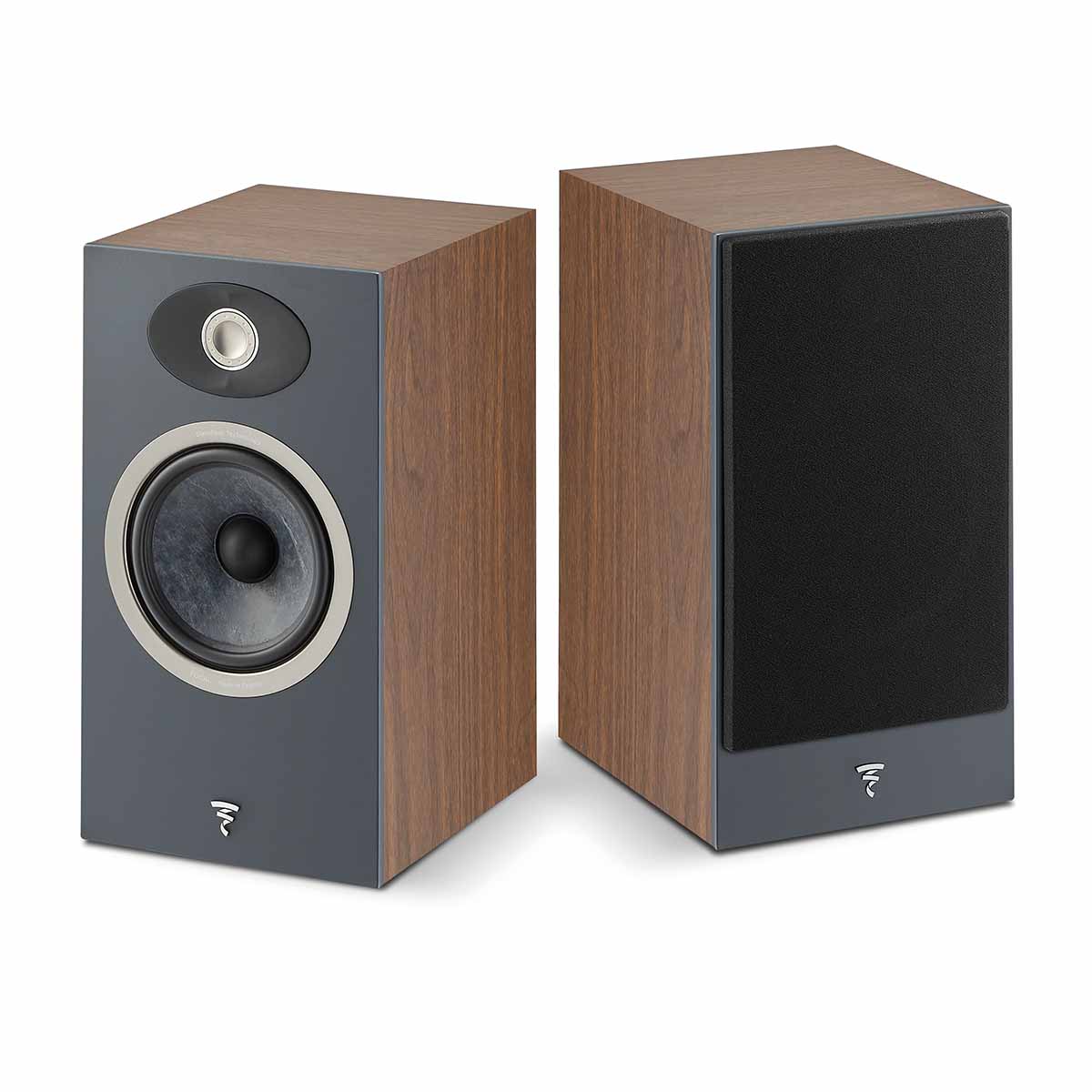 Focal Theva No1 Bookshelf Speakers - Dark Wood - Pair - view of pair, one with grille, one without grille