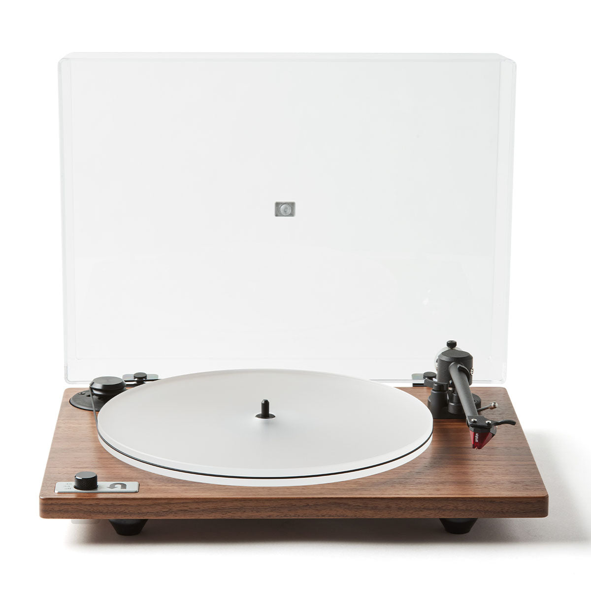 U-Turn Audio Orbit 2 Special Turntable with dustcover open in walnut