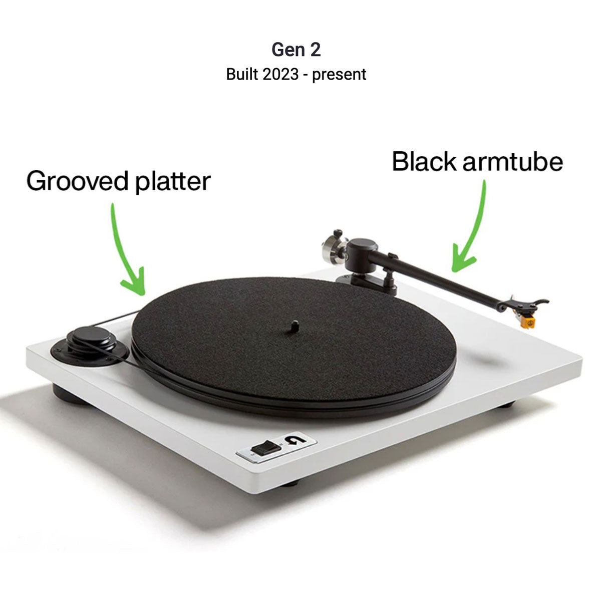 Orbit Gen 2 notation with "grooved platter" and "black armtube"