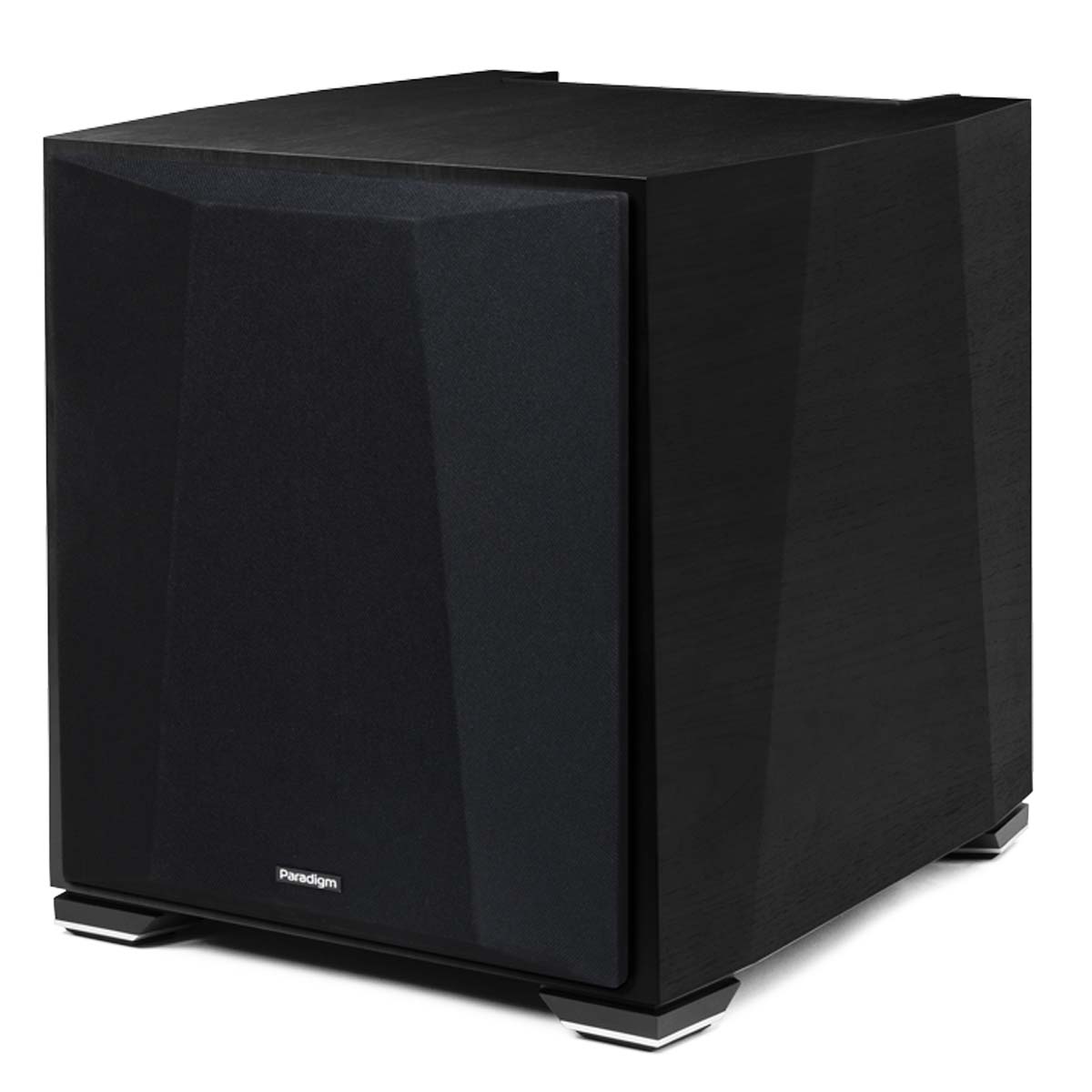 Paradigm XR13 Subwoofer black walnut angled front view with grille