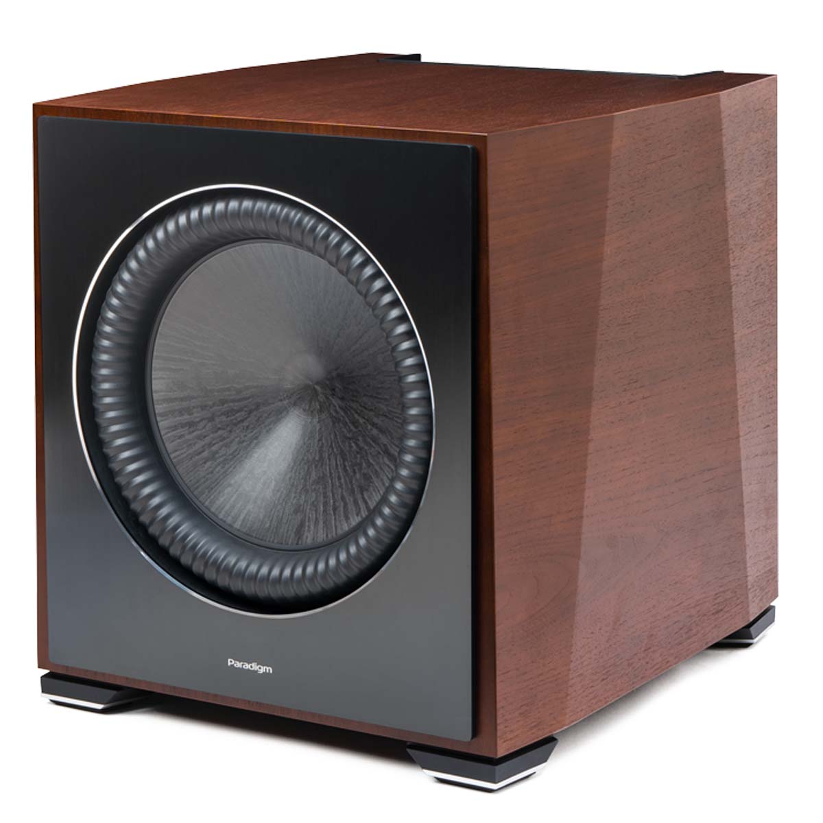 Paradigm XR13 Subwoofer walnut angled front view without grille