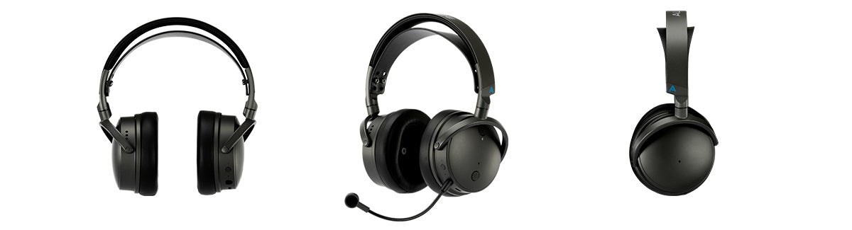 Front, 3/4 front, and side views of Audeze Maxwell Headphones